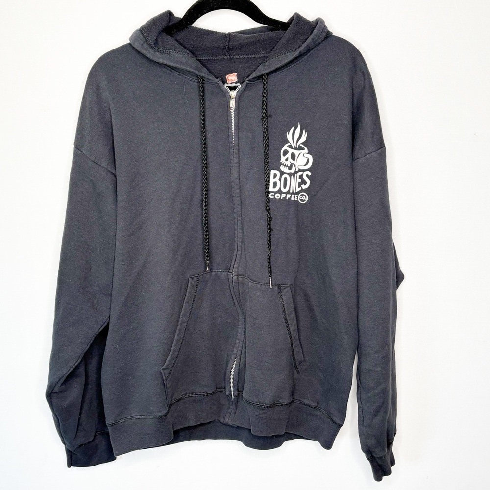 Bones Coffee Co Hanes Black Full Zip Graphic Hoodie Skeleton Mens Large L